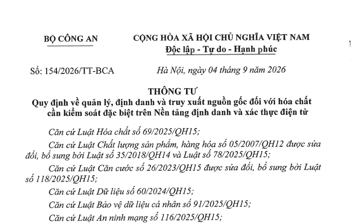 Thông tư 154/2026/TT-BCA: Quy định về quản lý, định danh và truy xuất nguồn gốc hóa chất cần kiểm soát đặc biệt trên Nền tảng định danh và xác thực điện tử